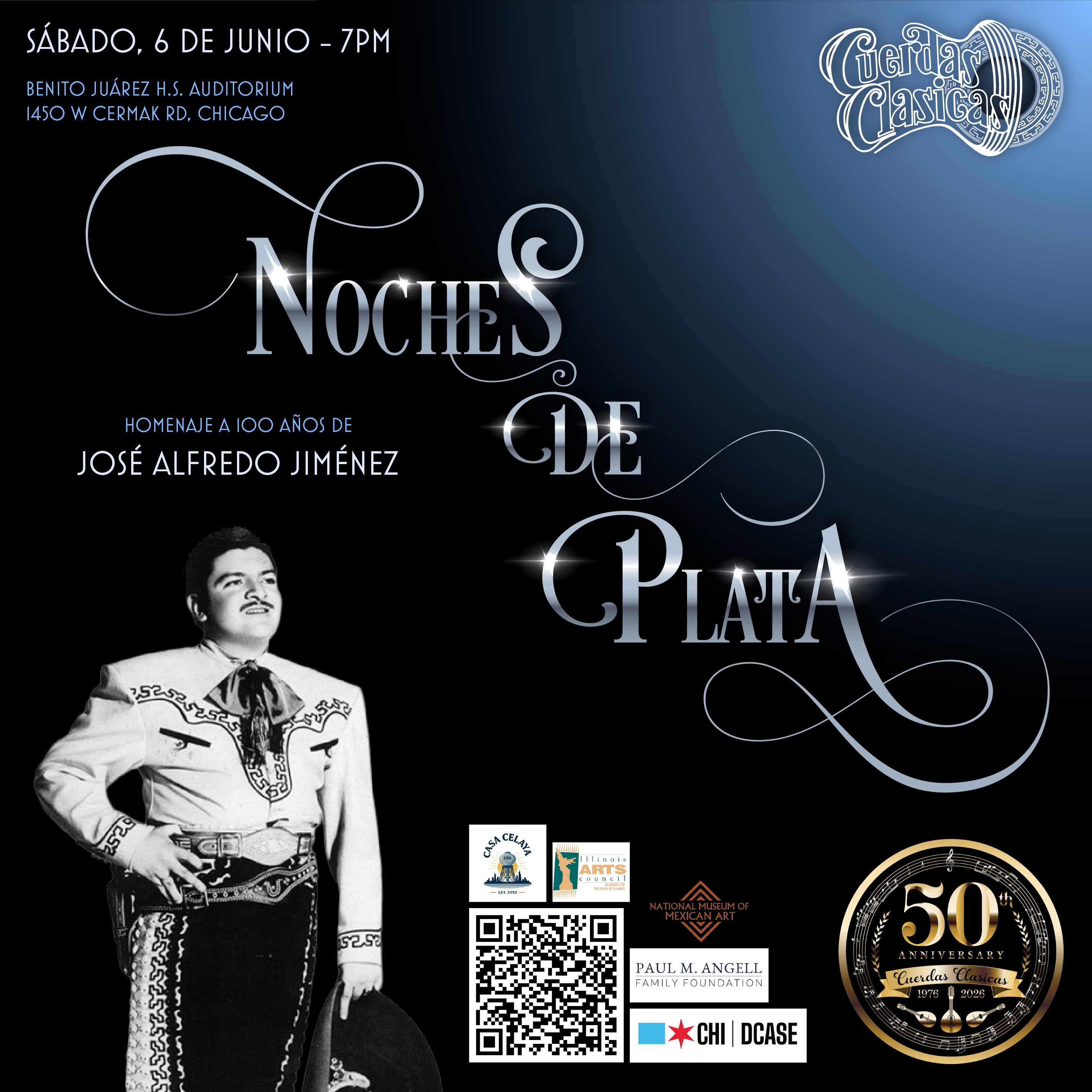 A poster about our upcoming concert in honor of Jose Alfredo Jimenez on June 6th - Noches de Plata