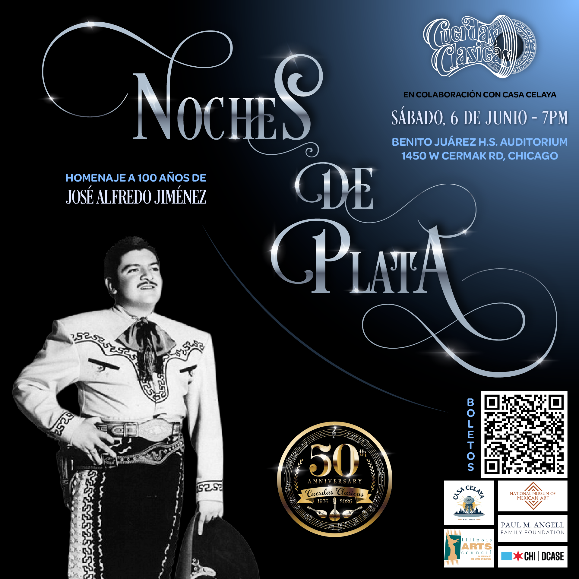 A poster about our upcoming concert in honor of Jose Alfredo Jimenez on June 6th - Noches de Plata