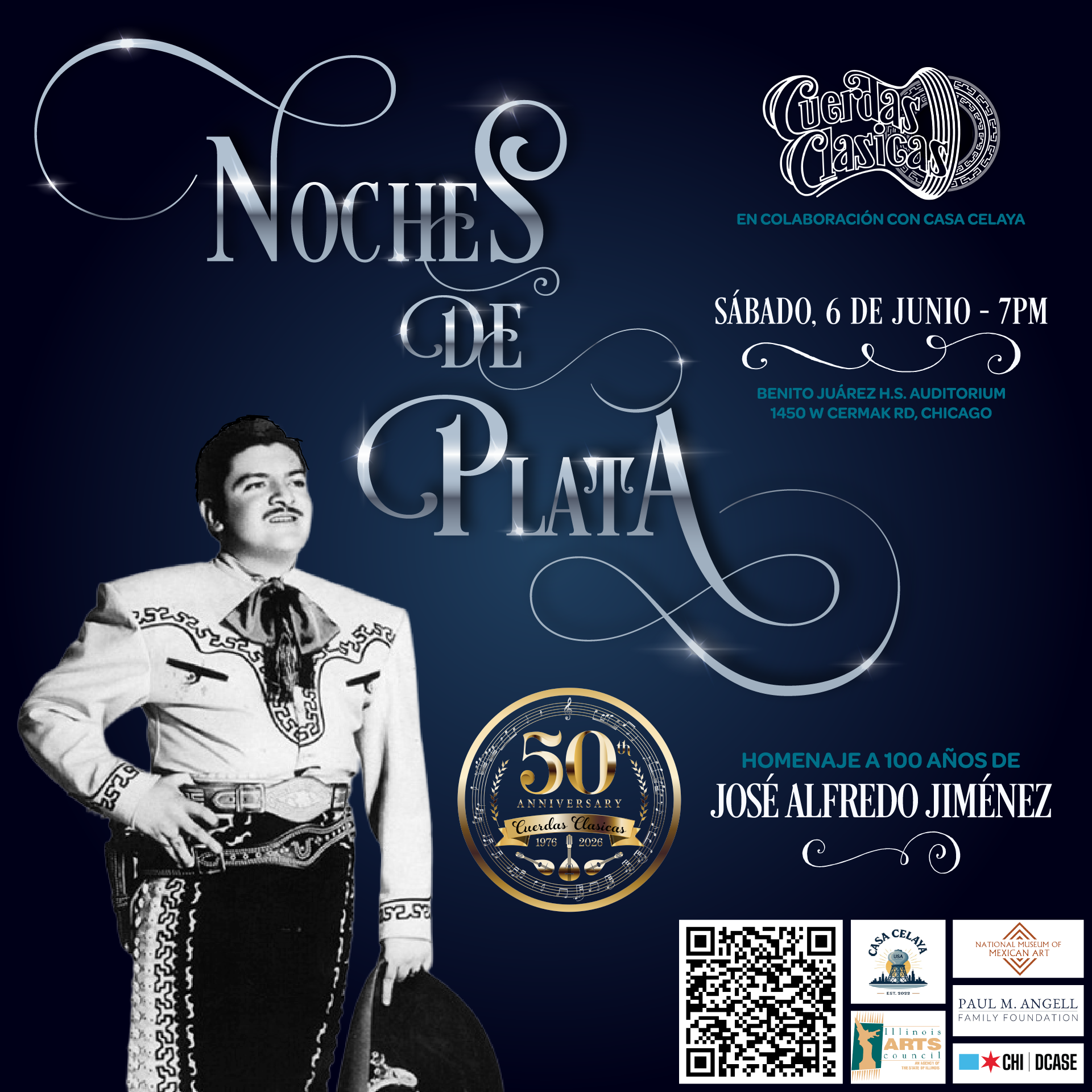 A poster about our upcoming concert in honor of Jose Alfredo Jimenez on June 6th - Noches de Plata