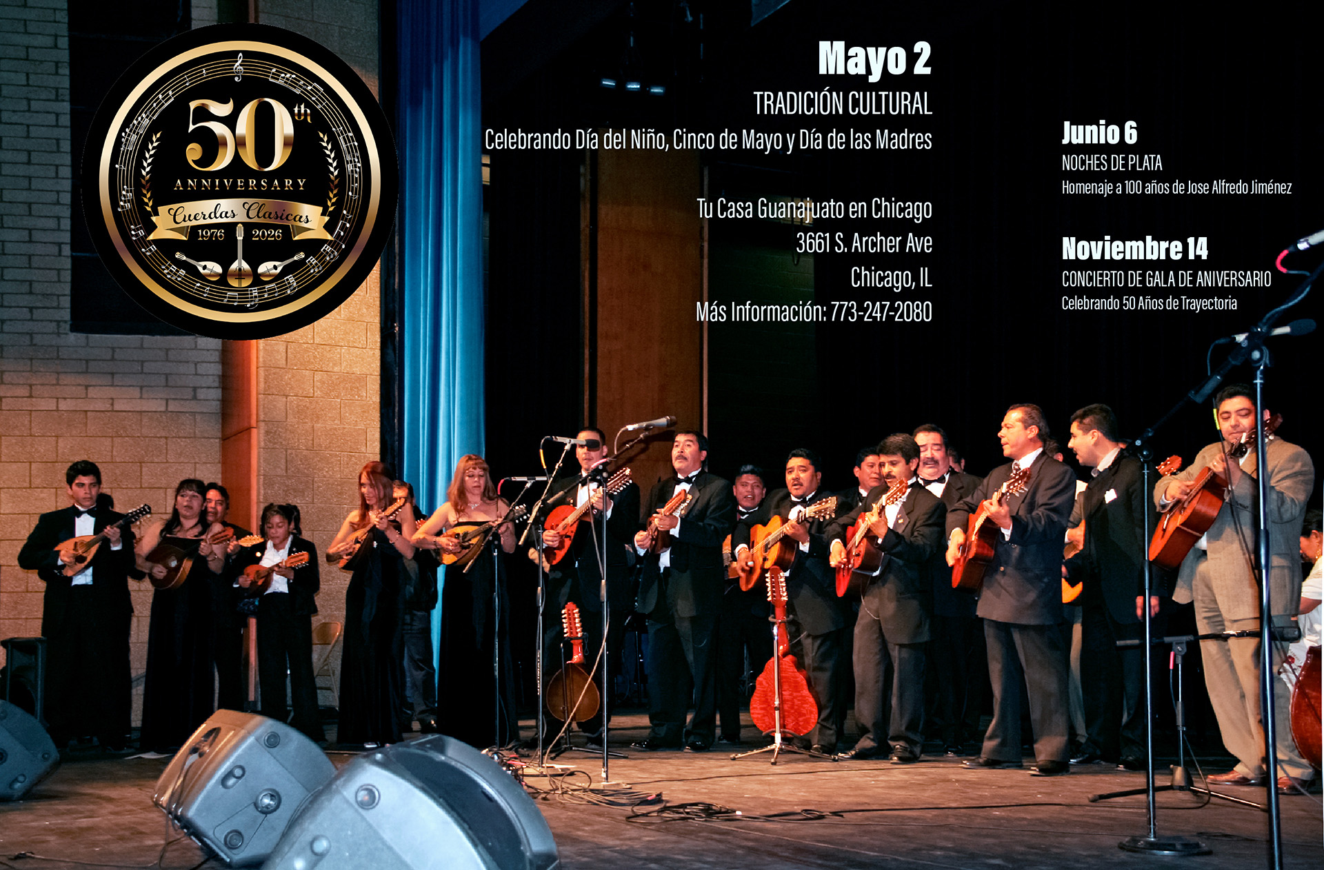 A photo of the Cuerdas Clasicas ensemble playing in a grand theater with information about upcoming concerts