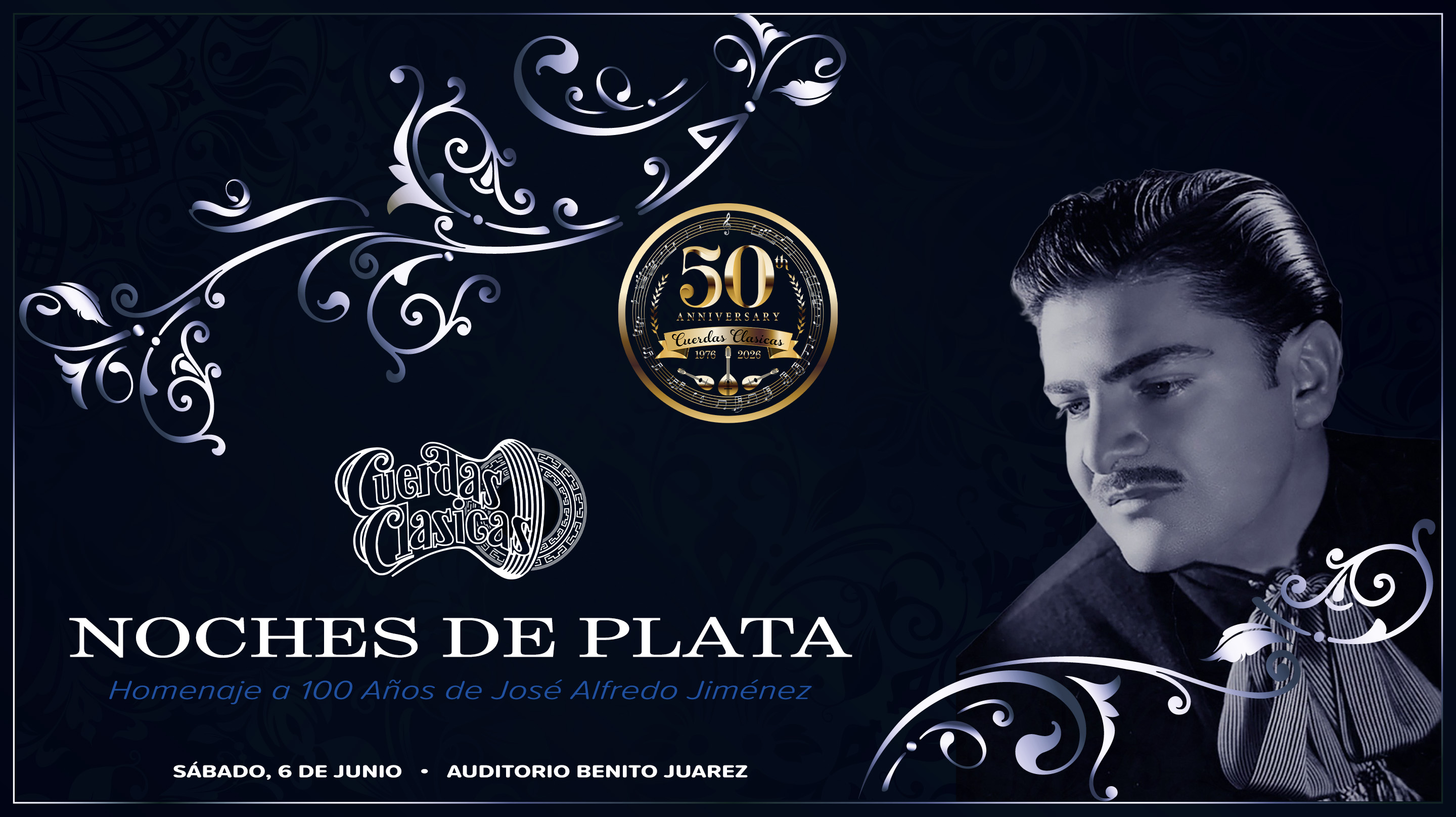 A poster about our upcoming concert in honor of Jose Alfredo Jimenez on June 6th - Noches de Plata